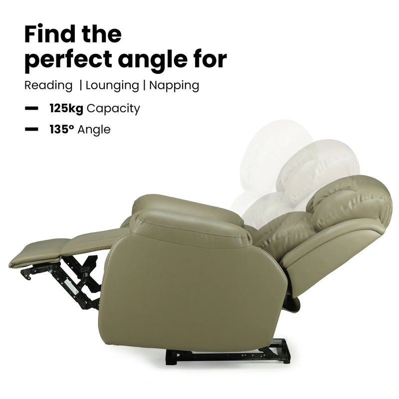 Hush Hiven Big B beige motorized recliner chair showing 135 degree reclining angle and 125kg weight capacity