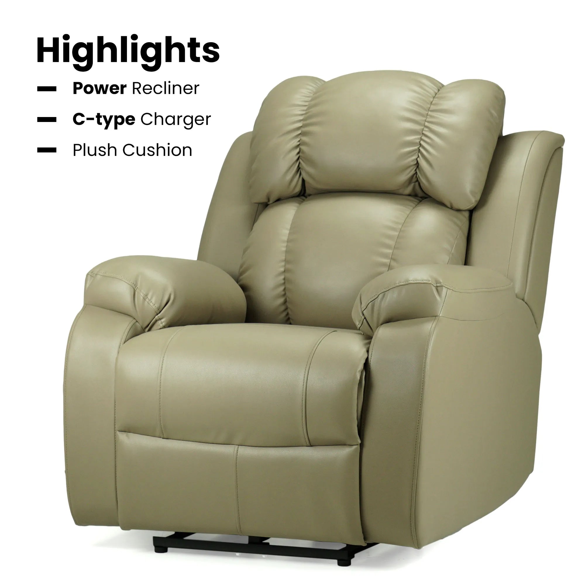 Hush Hiven Big B motorized recliner chair in beige premium leatherette with power recline, C-type charger and plush cushion