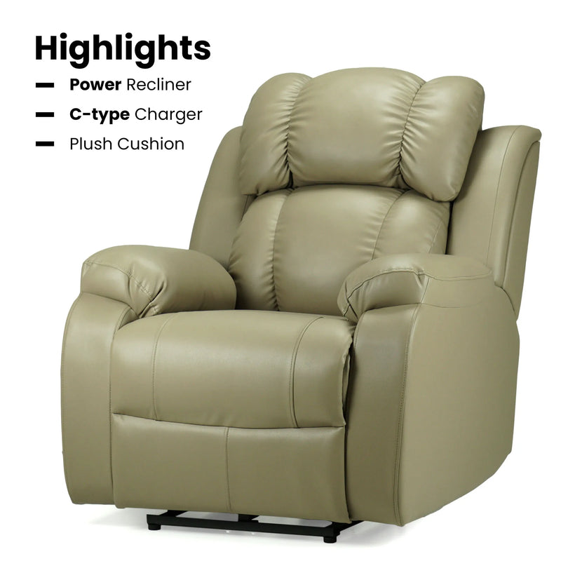 Hush Hiven Big B motorized recliner chair in beige premium leatherette with power recline, C-type charger and plush cushion