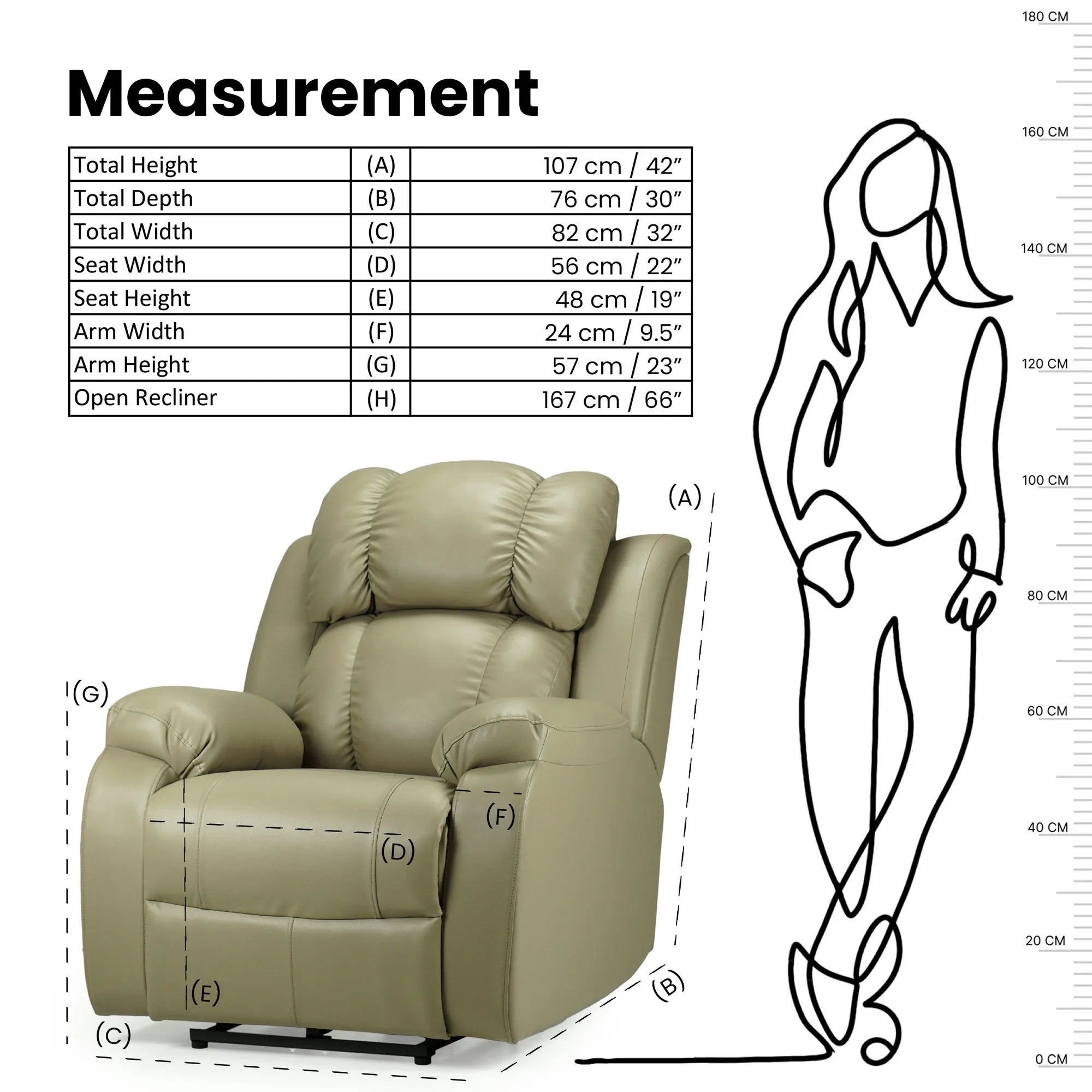 Hush Hiven Big B beige single seater recliner chair dimensions and measurements diagram