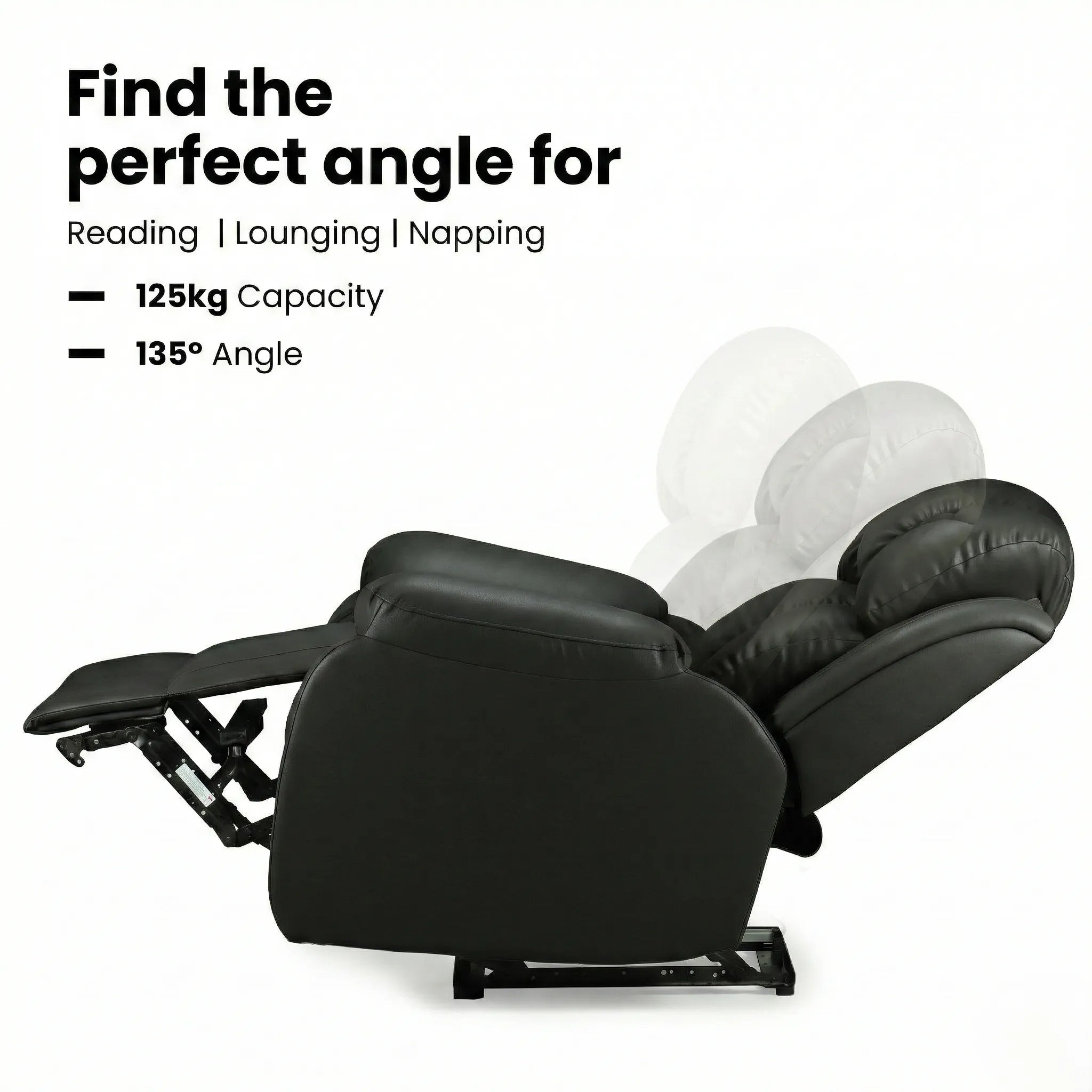 Hush Hiven Big B black motorized recliner chair showing 135 degree reclining angle and 125kg weight capacity