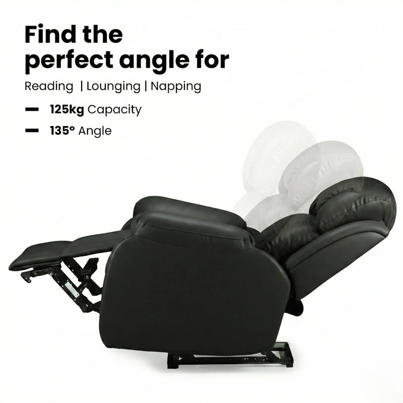 Hush Hiven Big B black motorized recliner chair showing 135 degree reclining angle and 125kg weight capacity