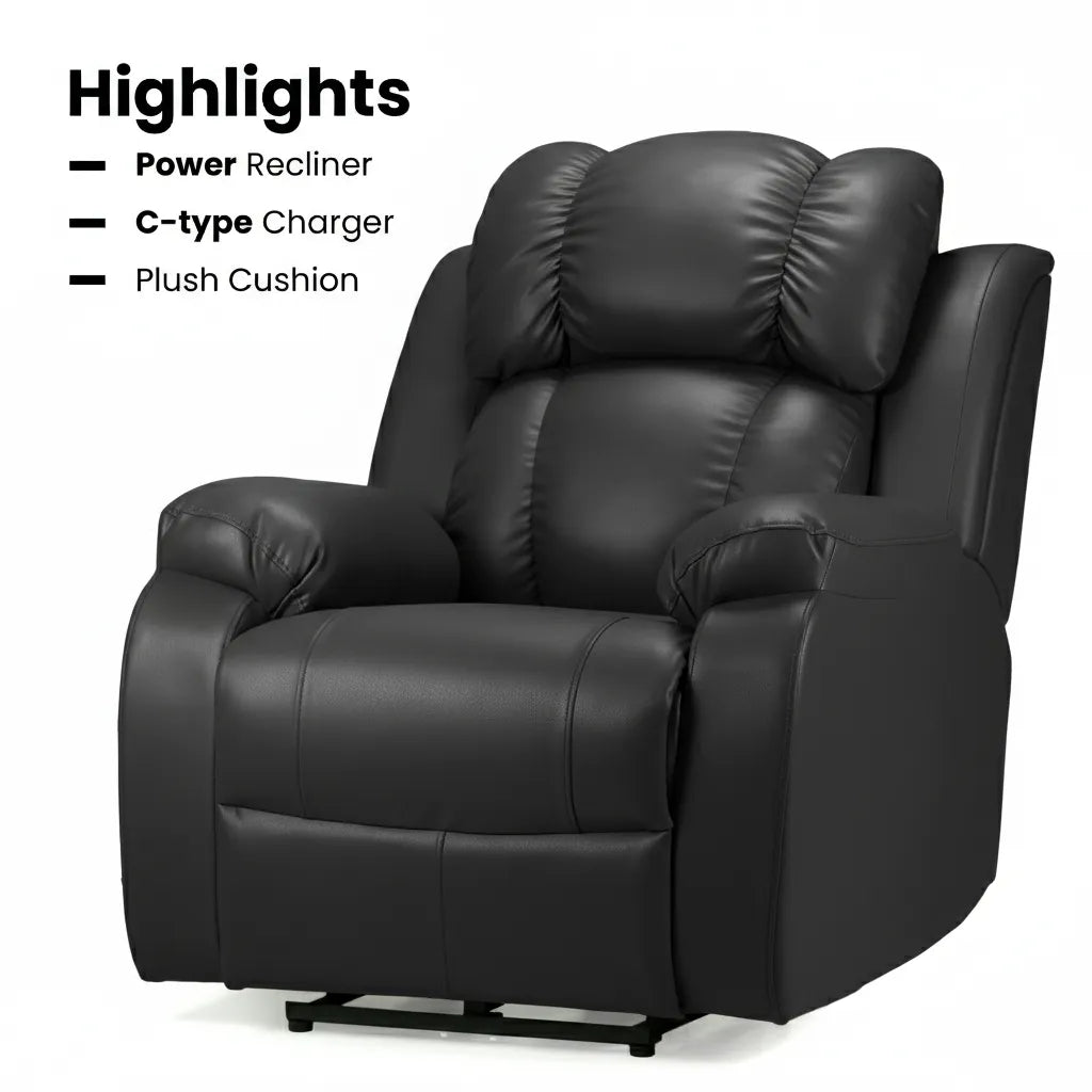 Hush Hiven Big B motorized recliner chair in black premium leatherette with power recline, C-type charger and plush cushion