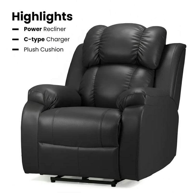 Hush Hiven Big B motorized recliner chair in black premium leatherette with power recline, C-type charger and plush cushion