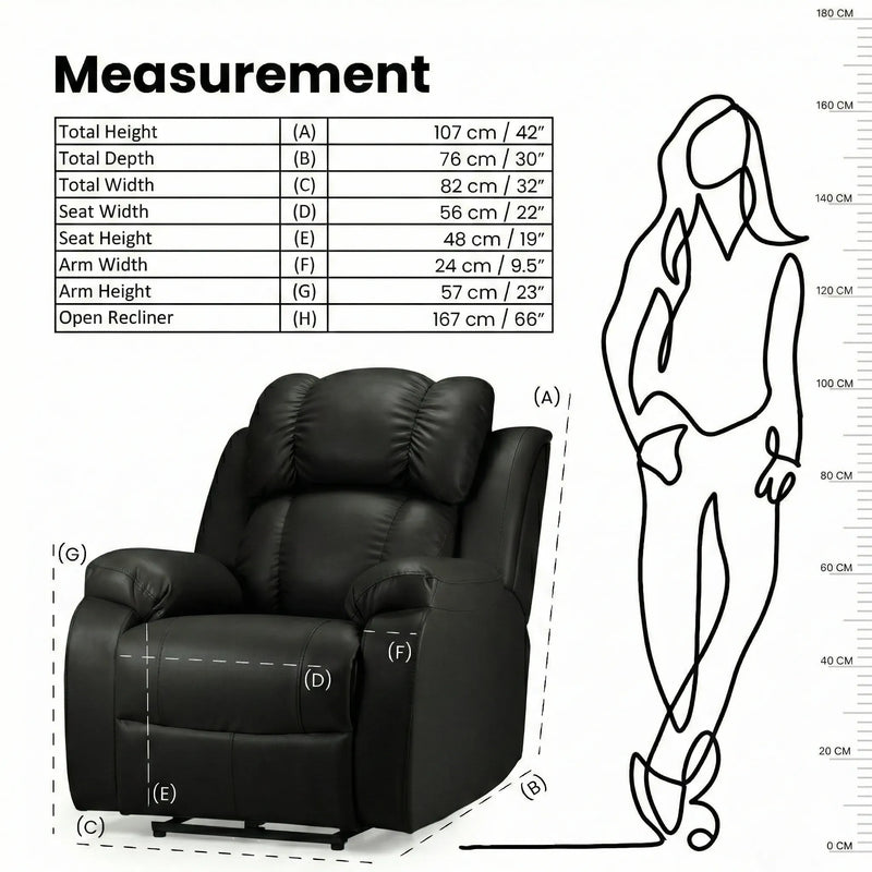 Hush Hiven Big B black single seater recliner chair dimensions and measurements diagram