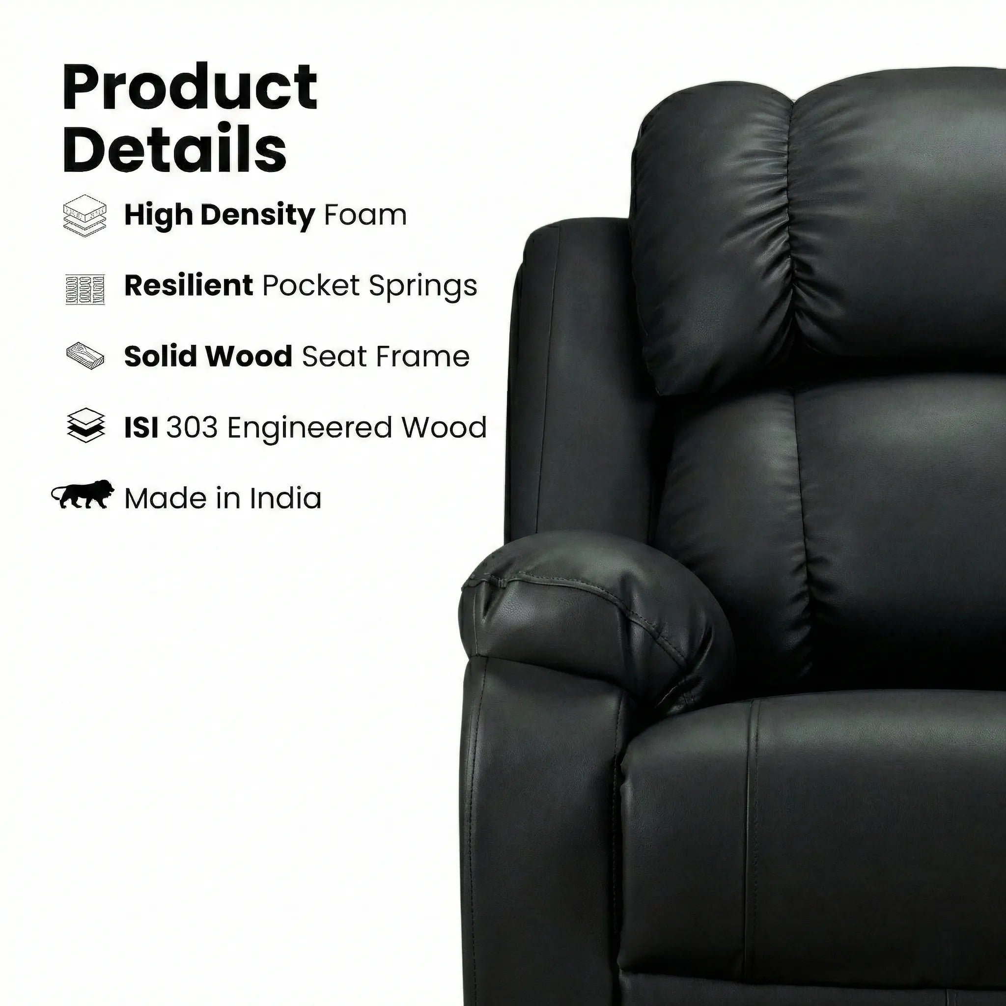 Hush Hiven Big B black leatherette motorized recliner with high density foam, pocket springs and solid wood frame