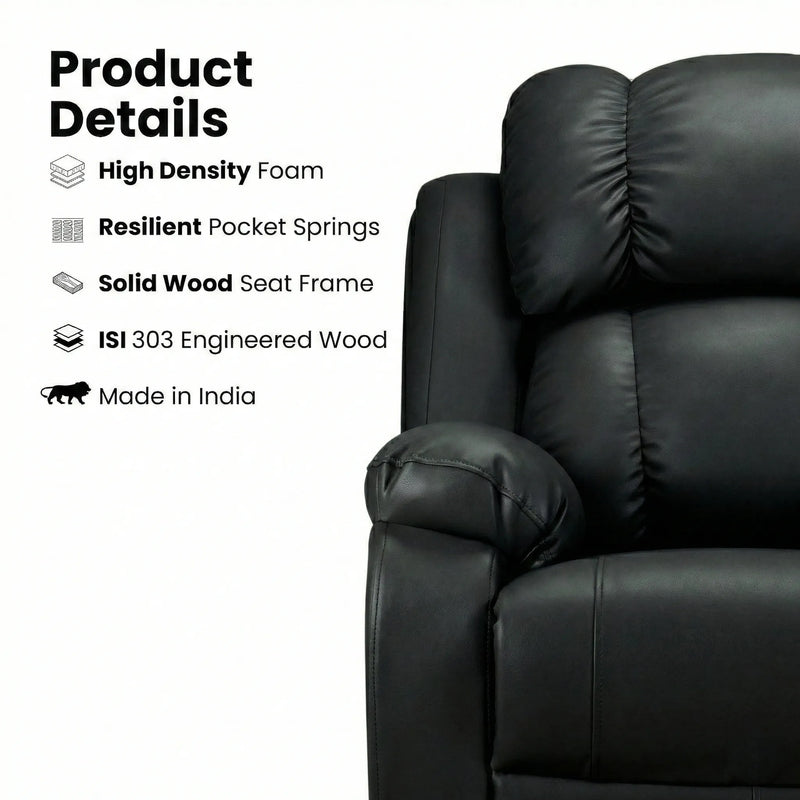 Hush Hiven Big B black leatherette motorized recliner with high density foam, pocket springs and solid wood frame