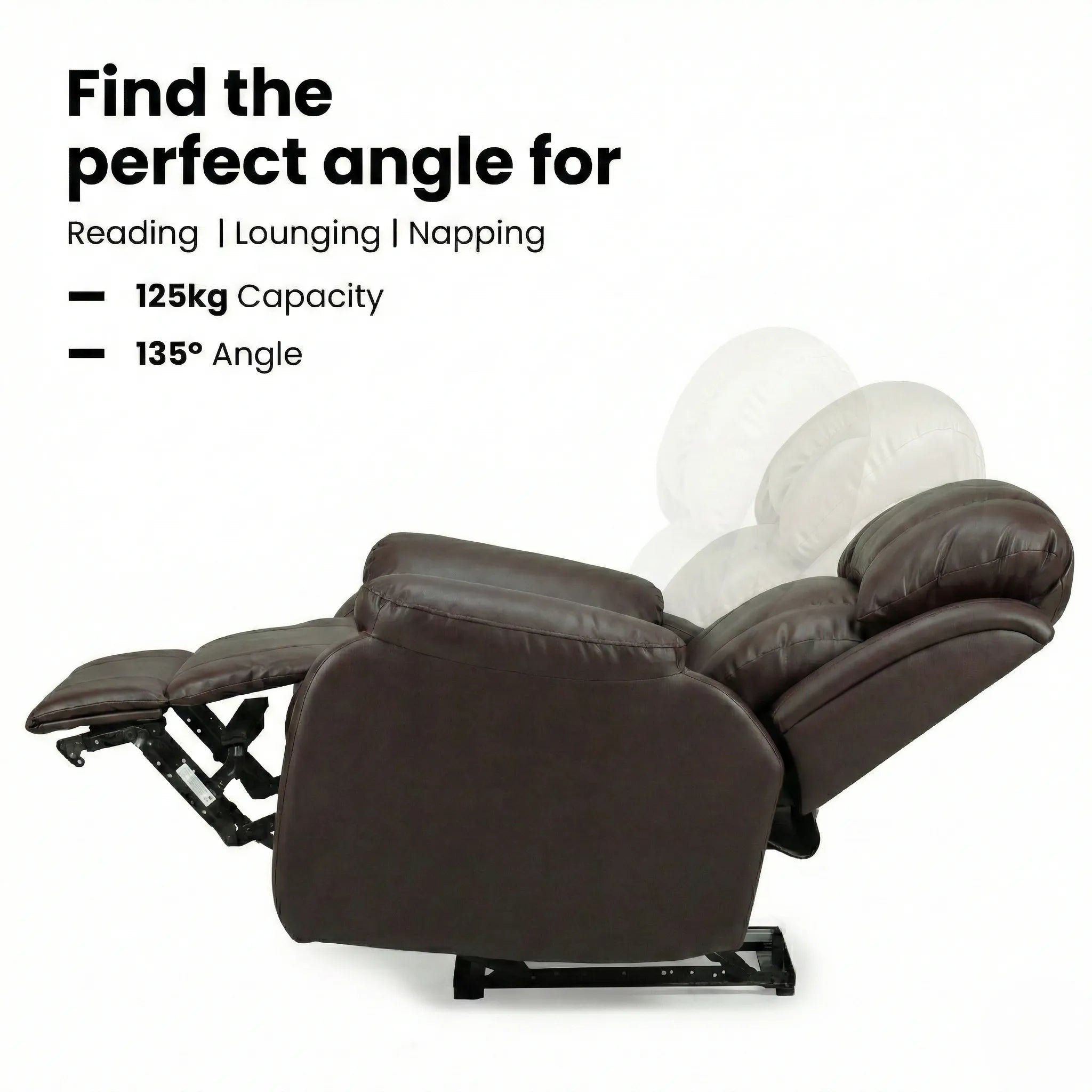 Hush Hiven Big B brown motorized recliner chair showing 135 degree reclining angle and 125kg weight capacity