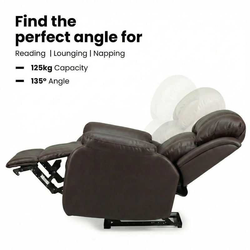 Hush Hiven Big B brown motorized recliner chair showing 135 degree reclining angle and 125kg weight capacity