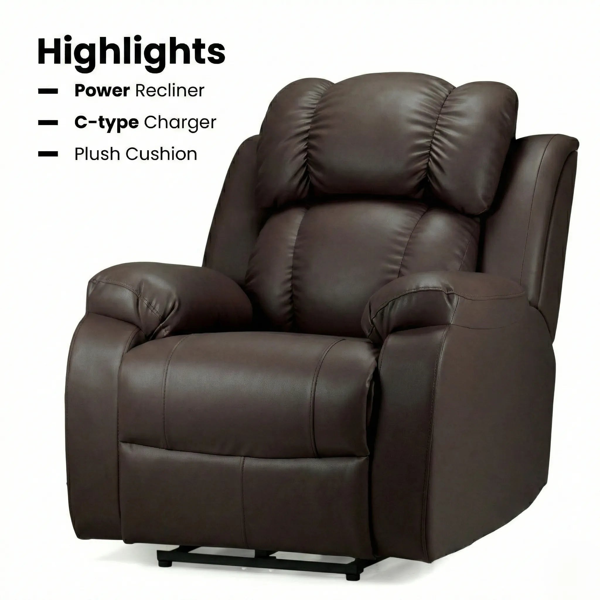 Hush Hiven Big B motorized recliner chair in brown premium leatherette with power recline, C-type charger and plush cushion