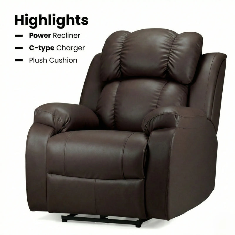 Hush Hiven Big B motorized recliner chair in brown premium leatherette with power recline, C-type charger and plush cushion