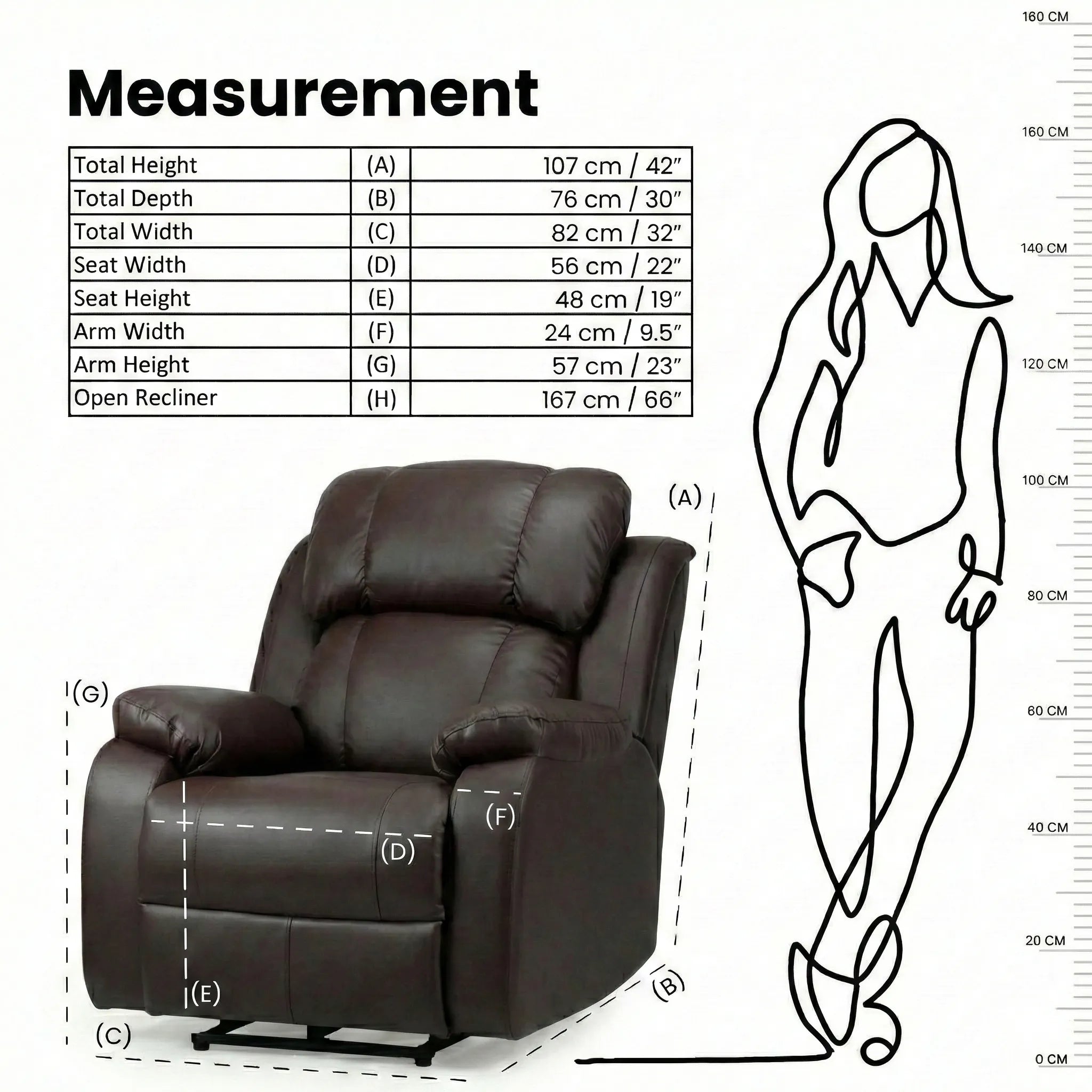 Hush Hiven Big B brown single seater recliner chair dimensions and measurements diagram