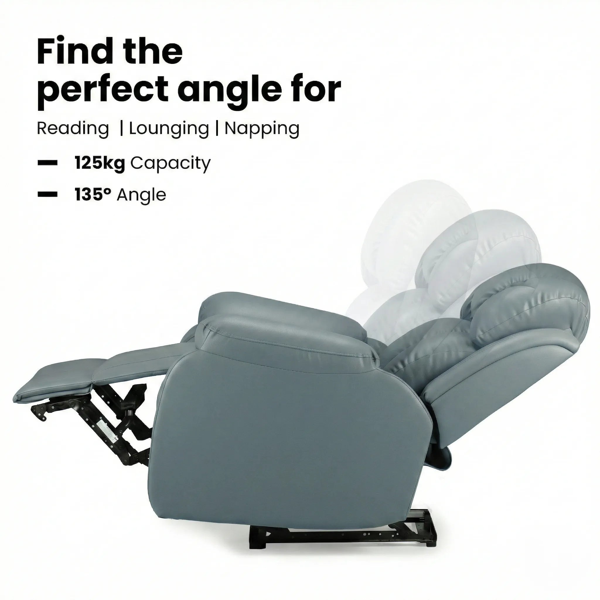 Hush Hiven Big B grey motorized recliner chair showing 135 degree reclining angle and 125kg weight capacity
