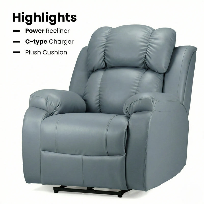 Hush Hiven Big B motorized recliner chair in grey premium leatherette with power recline, C-type charger and plush cushion