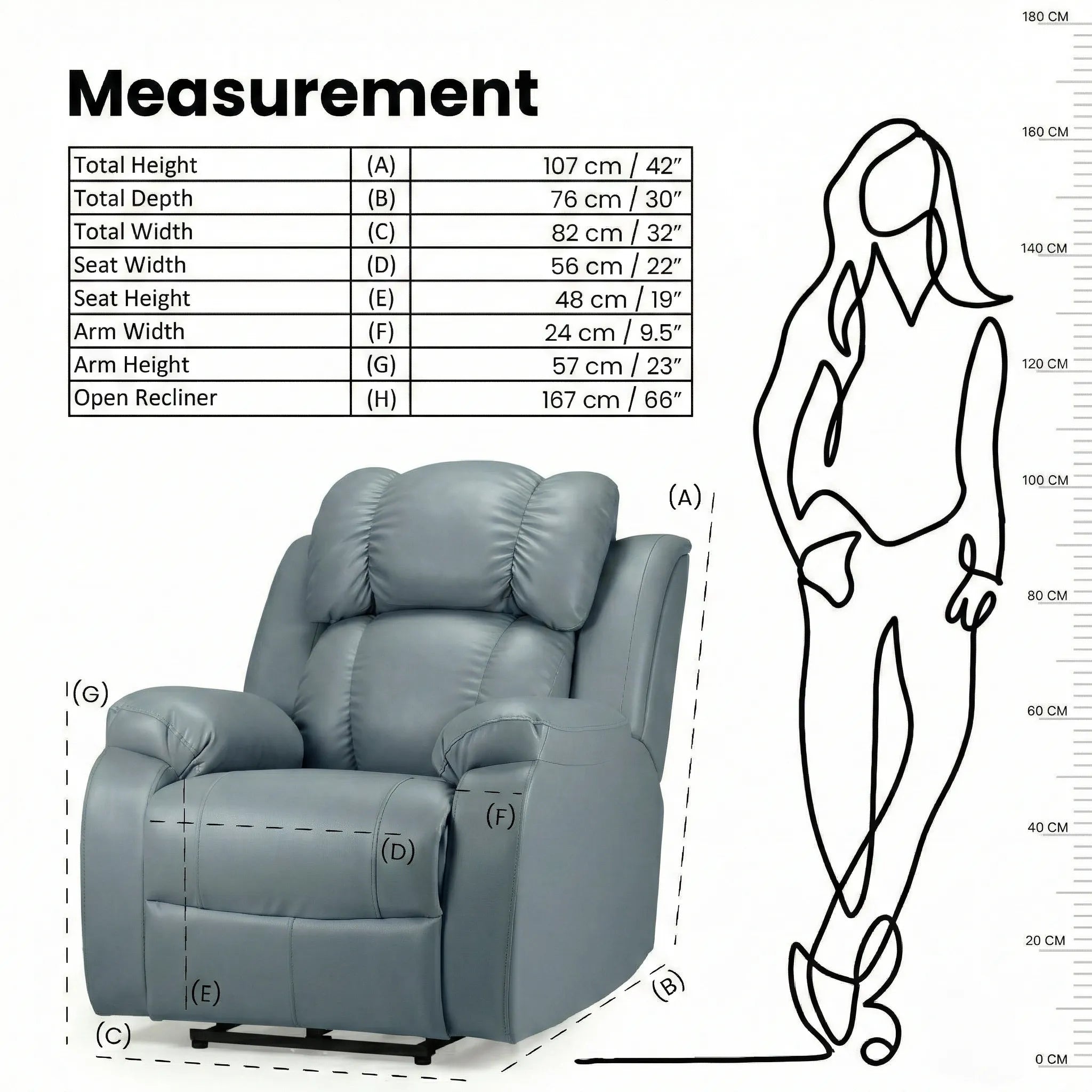 Hush Hiven Big B Grey single seater recliner chair dimensions and measurements diagram