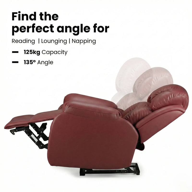 Hush Hiven Big B maroon motorized recliner chair showing 135 degree reclining angle and 125kg weight capacity