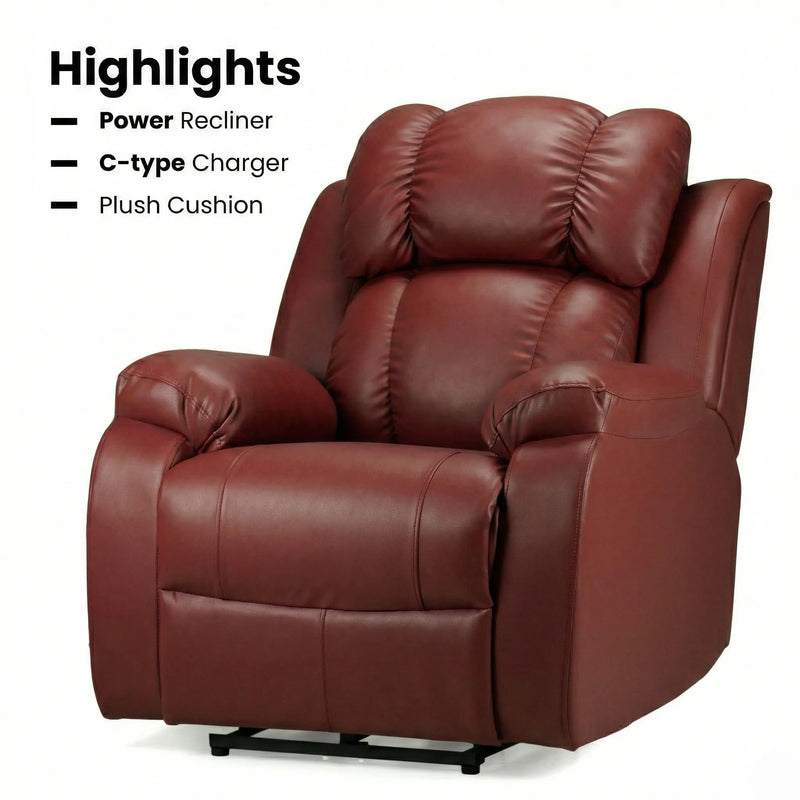 Hush Hiven Big B motorized recliner chair in maroon premium leatherette with power recline, C-type charger and plush cushion