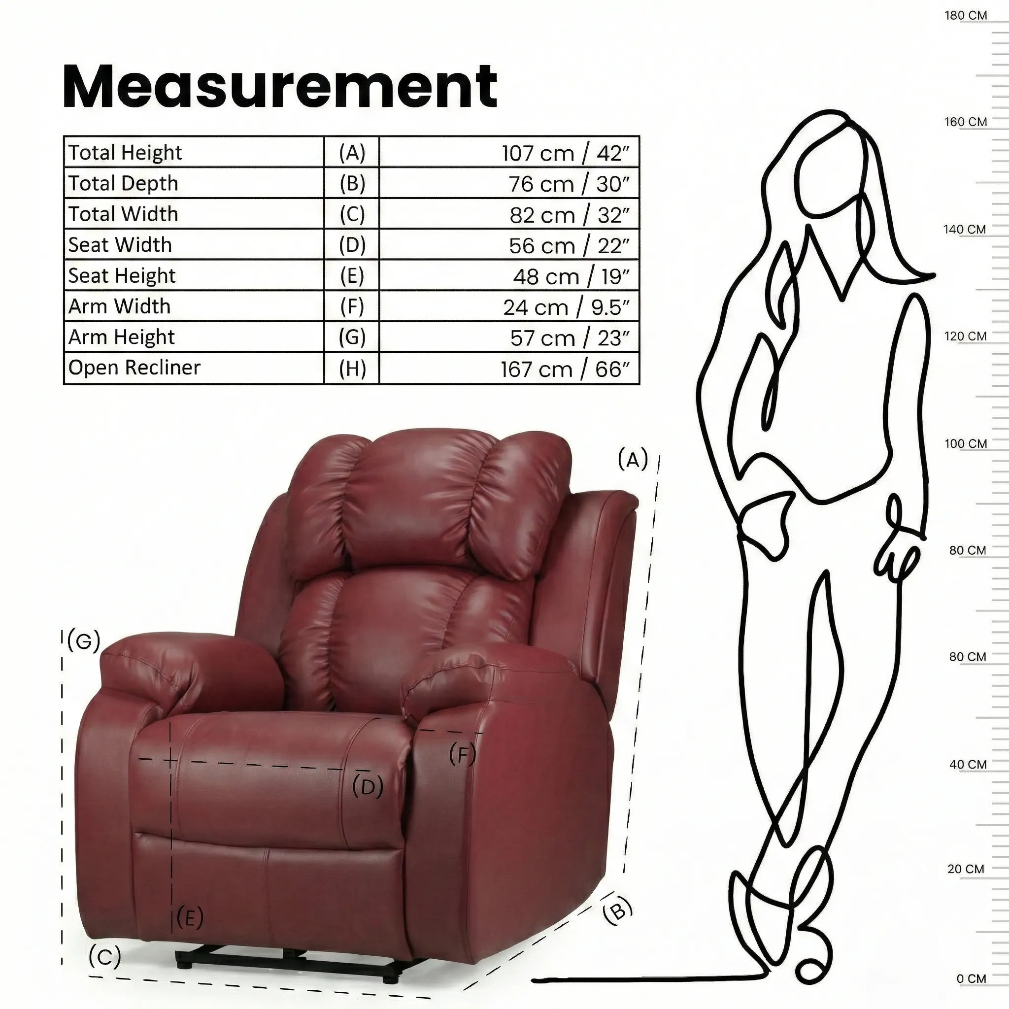 Hush Hiven Big B Maroon single seater recliner chair dimensions and measurements diagram