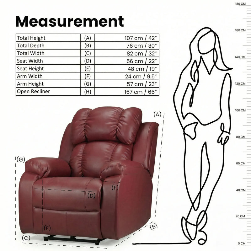 Hush Hiven Big B Maroon single seater recliner chair dimensions and measurements diagram