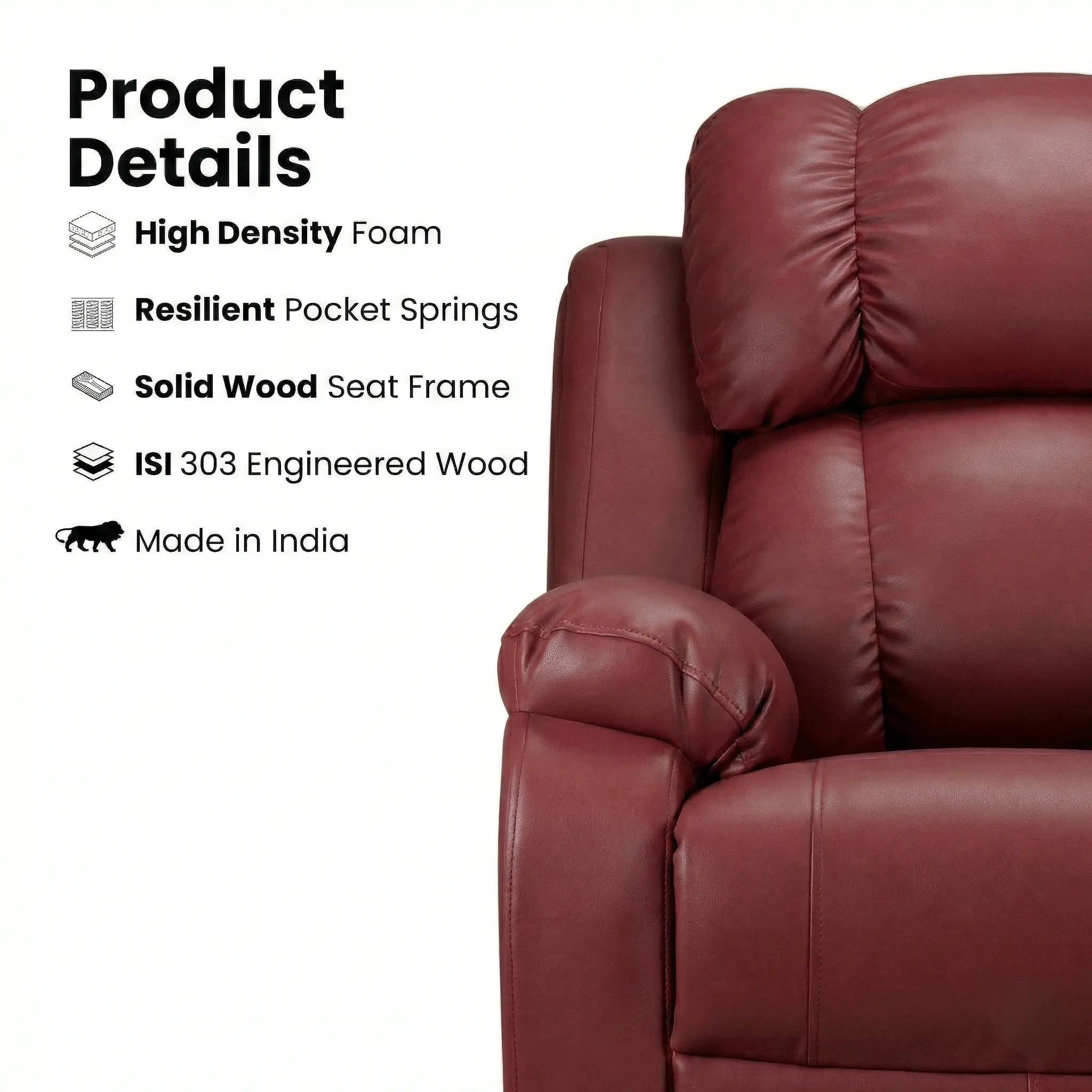 Hush Hiven Big B maroon leatherette motorized recliner with high density foam, pocket springs and solid wood frame