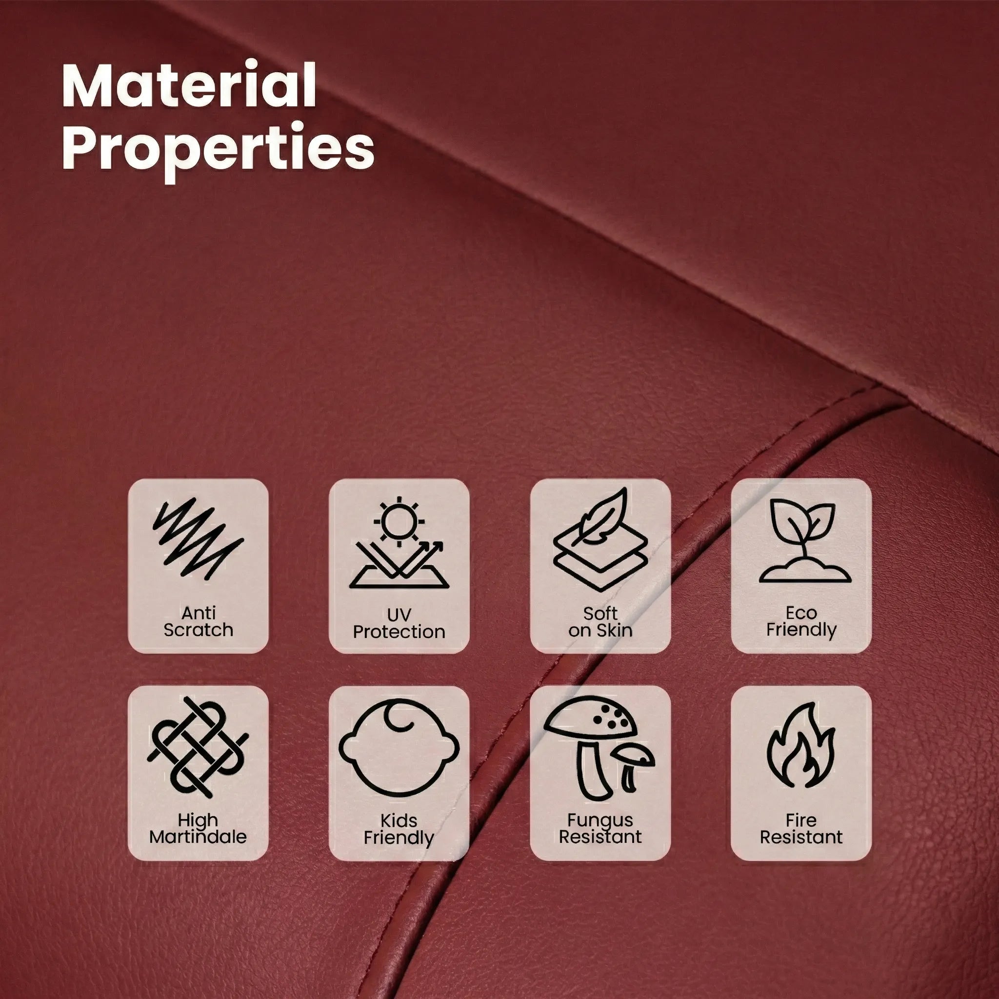 Hush Hiven BigB maroon premium leatherette recliner material properties showing anti-scratch,UV protection and fire resistant