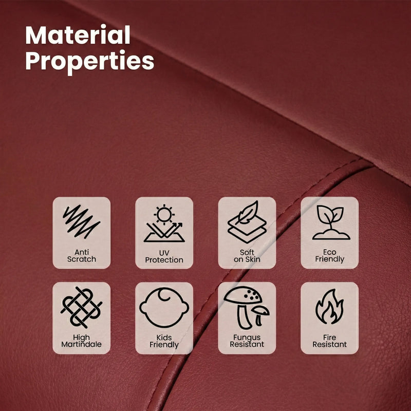 Hush Hiven BigB maroon premium leatherette recliner material properties showing anti-scratch,UV protection and fire resistant