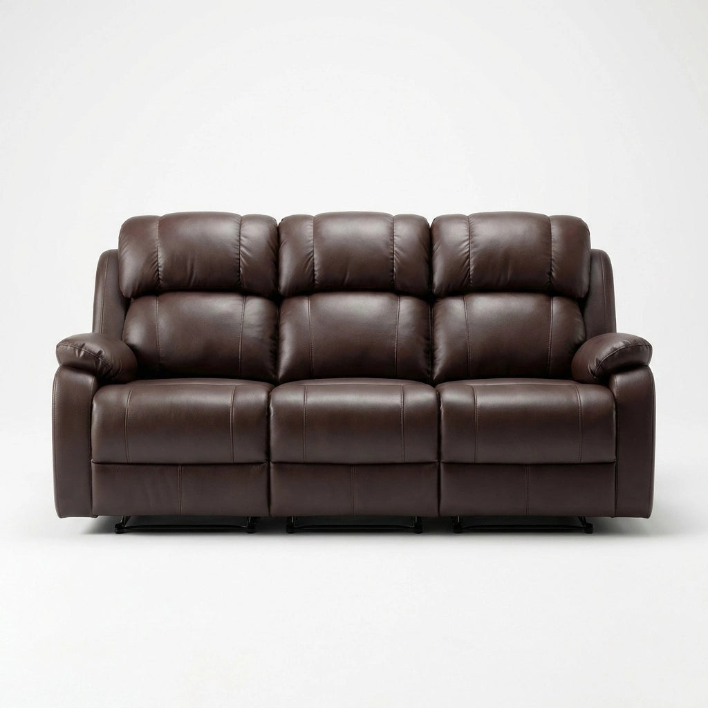A three-seater power reclining loveseat sofa upholstered in dark brown leather, shown from a front-facing perspective against a plain white studio background.