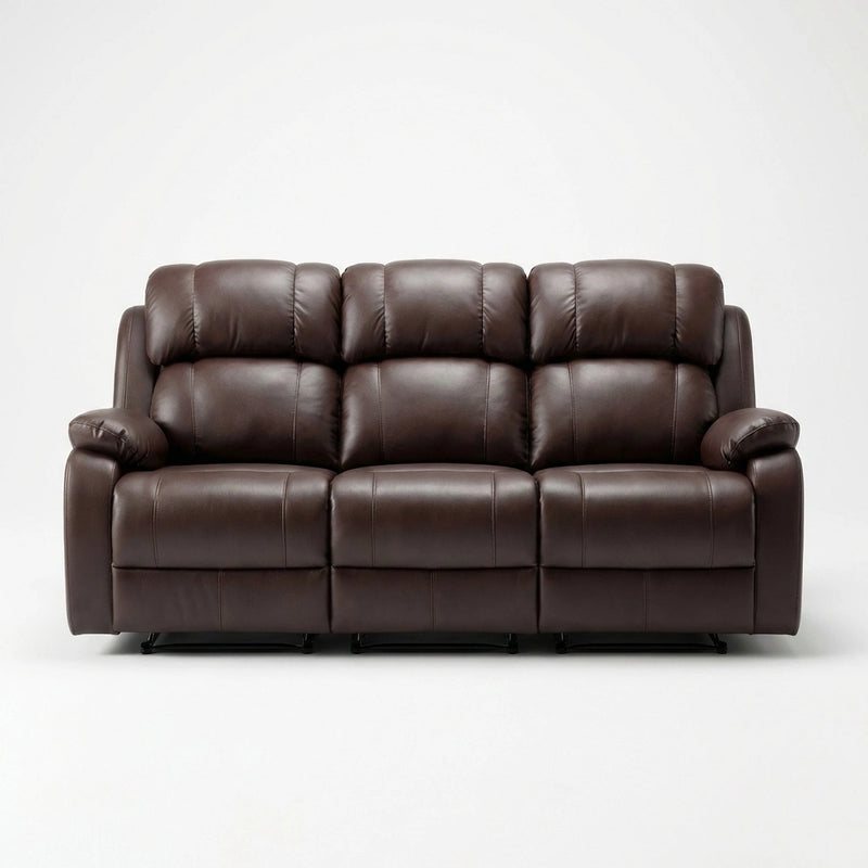 A three-seater power reclining loveseat sofa upholstered in dark brown leather, shown from a front-facing perspective against a plain white studio background.