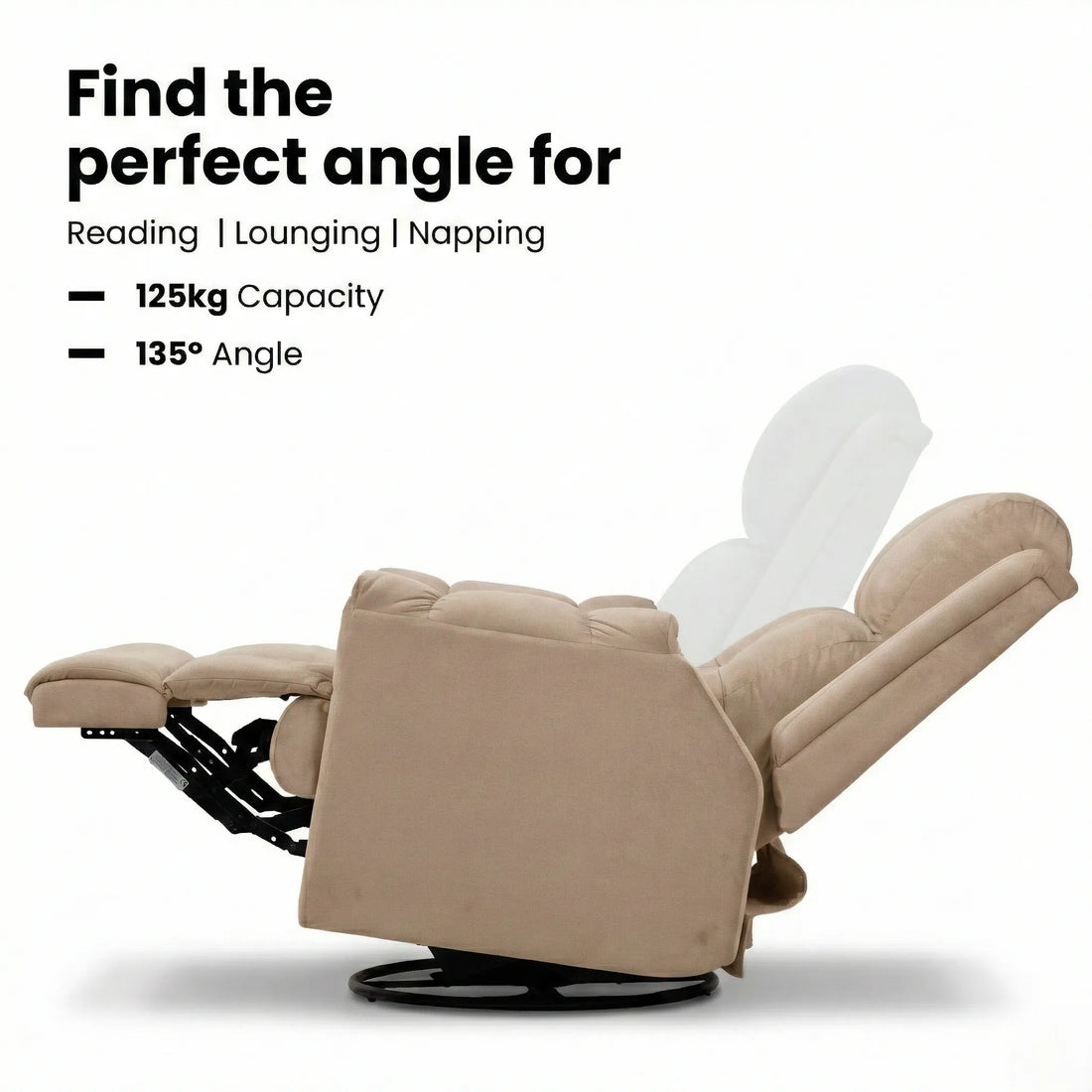 Hush Hiven Donna beige smooth velvet motorized recliner chair showing 135 degree reclining angle and 125kg weight capacity