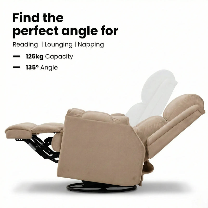 Hush Hiven Donna beige smooth velvet motorized recliner chair showing 135 degree reclining angle and 125kg weight capacity