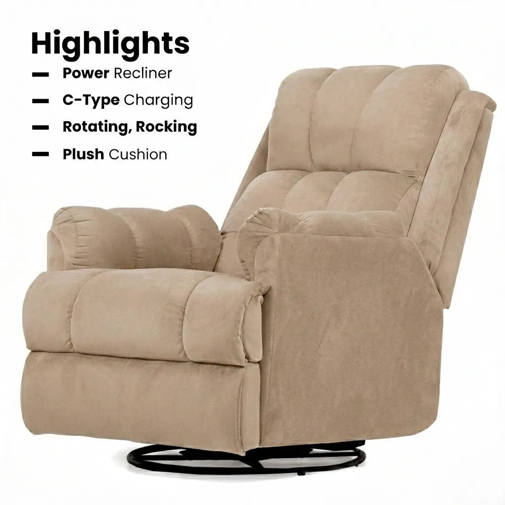 Hush Hiven Donna motorized recliner chair beige smooth velvet with power recline, C-type charger and plush cushion
