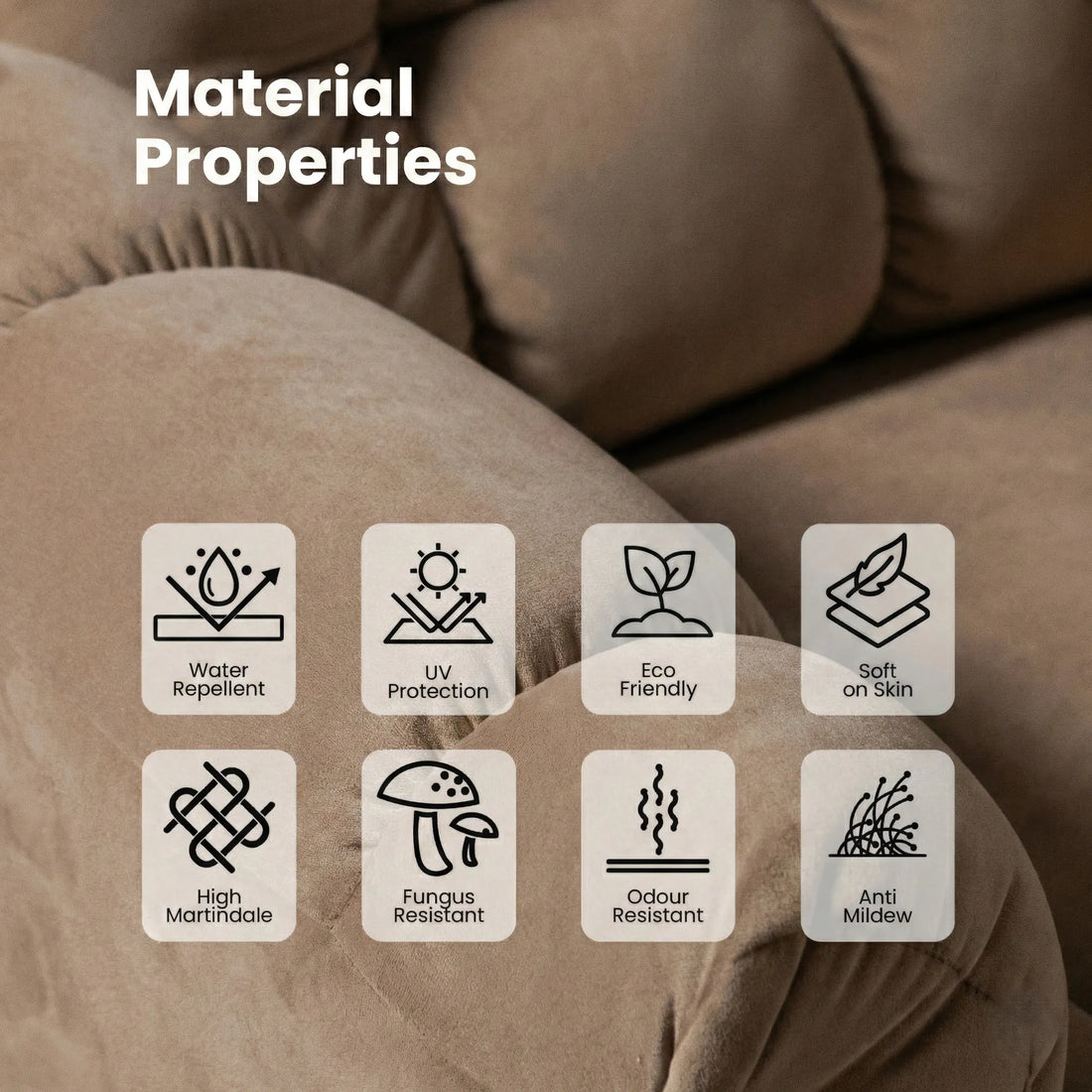 Hush Hiven Donna beige smooth velvet motorized recliner chair material properties showing UV protection and eco friendly