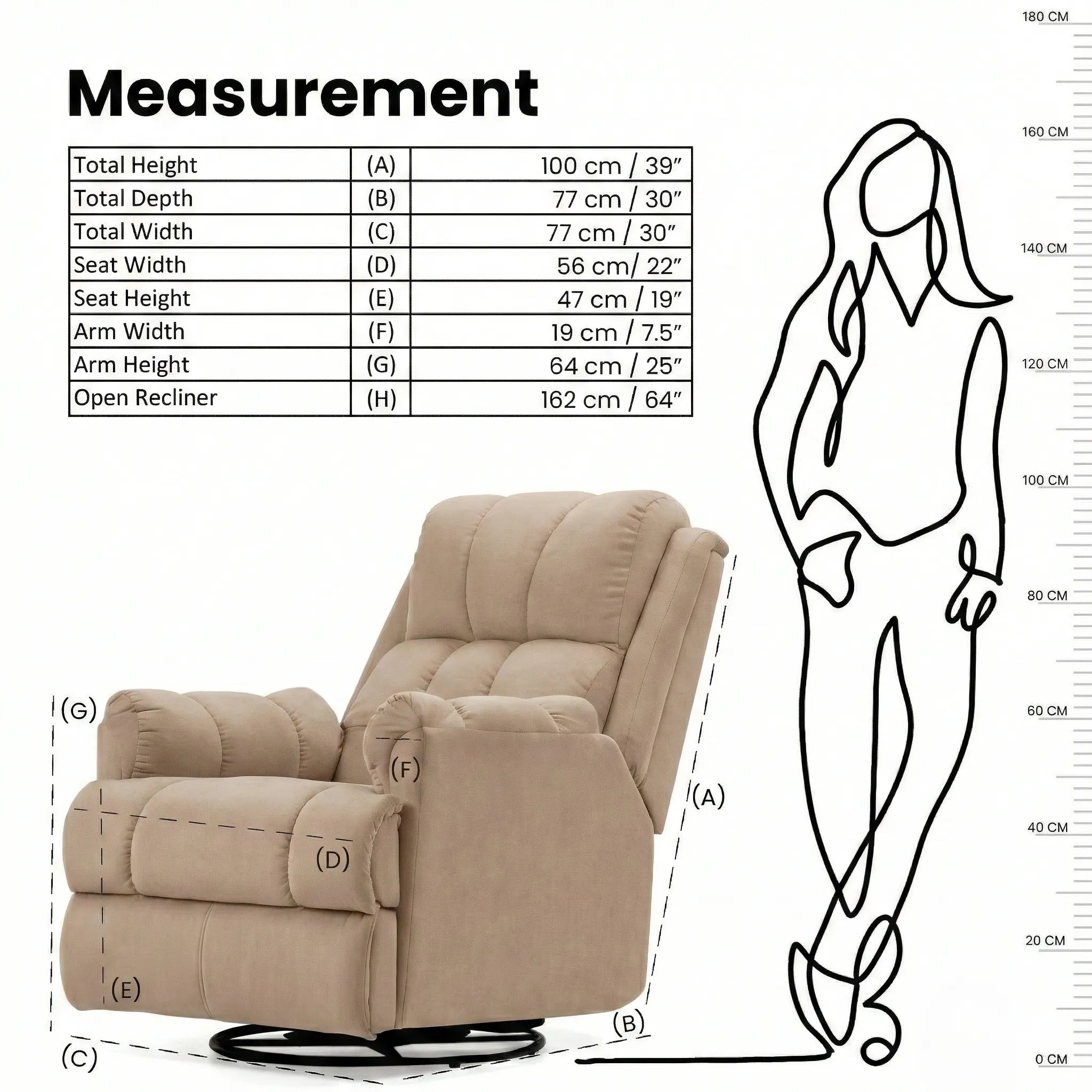 Hush Hiven Donna biege smooth velvet motorized recliner chair dimensions and measurements diagram