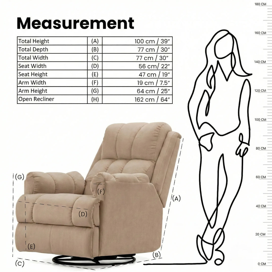 Hush Hiven Donna biege smooth velvet motorized recliner chair dimensions and measurements diagram