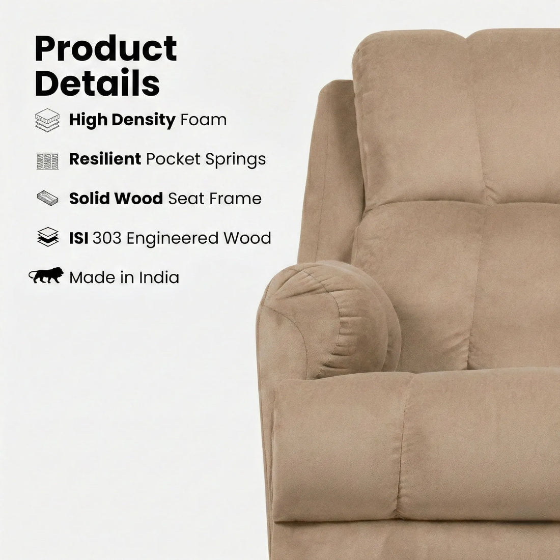 Hush Hiven Donna beige smooth velvet motorized recliner chair with high density foam, pocket springs and solid wood frame