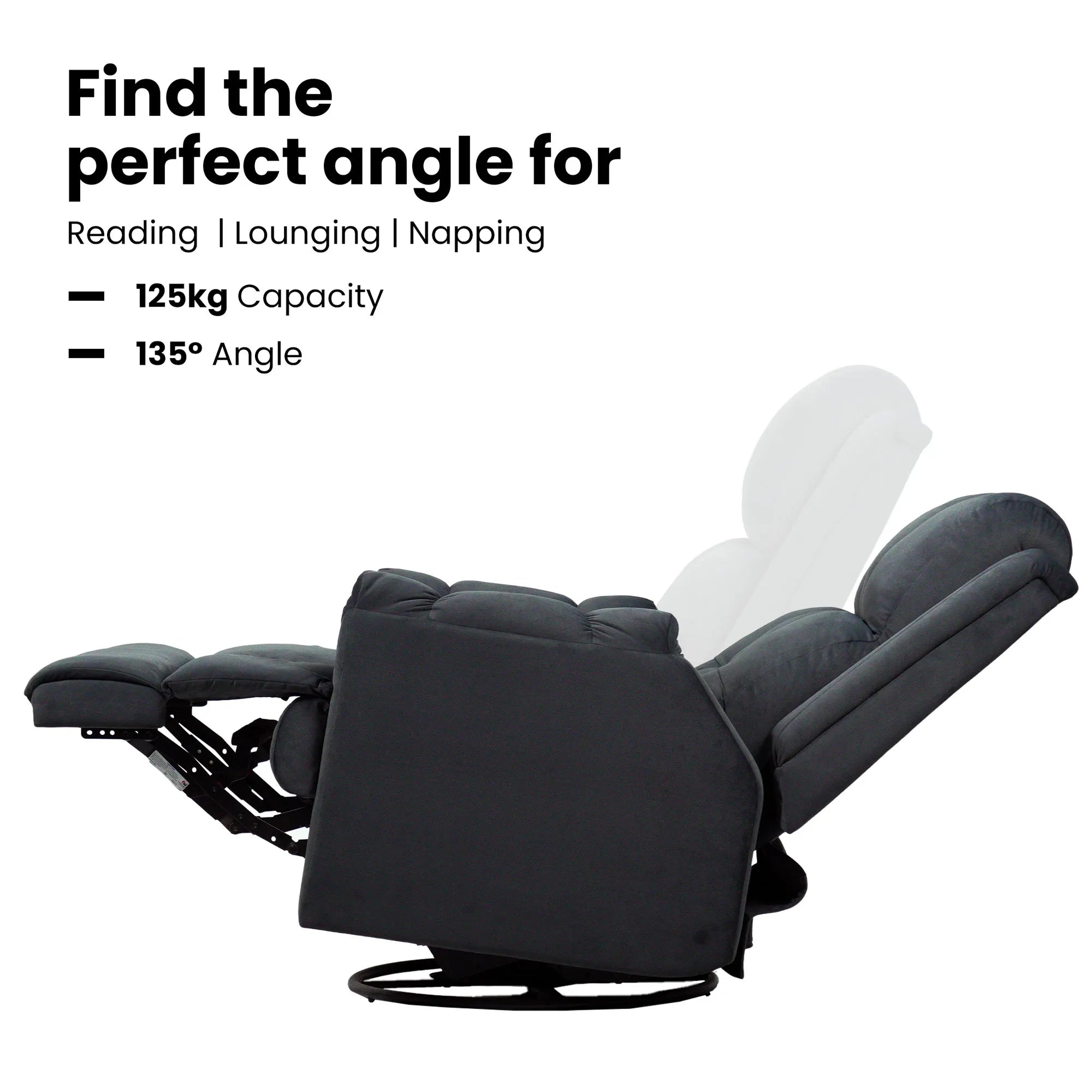 Hush Hiven Donna black smooth velvet motorized recliner chair showing 135 degree reclining angle and 125kg weight capacity