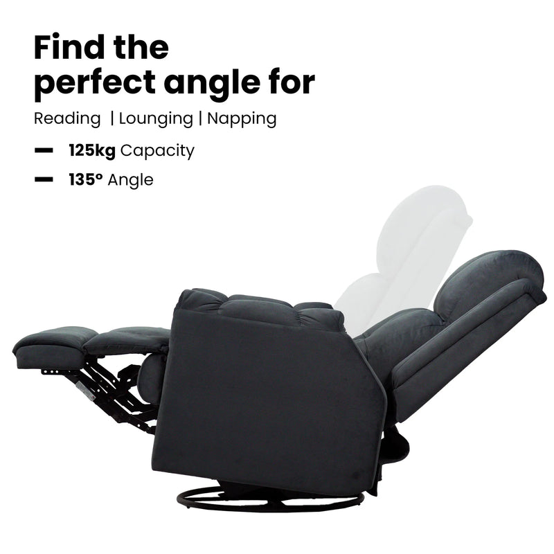 Hush Hiven Donna black smooth velvet motorized recliner chair showing 135 degree reclining angle and 125kg weight capacity