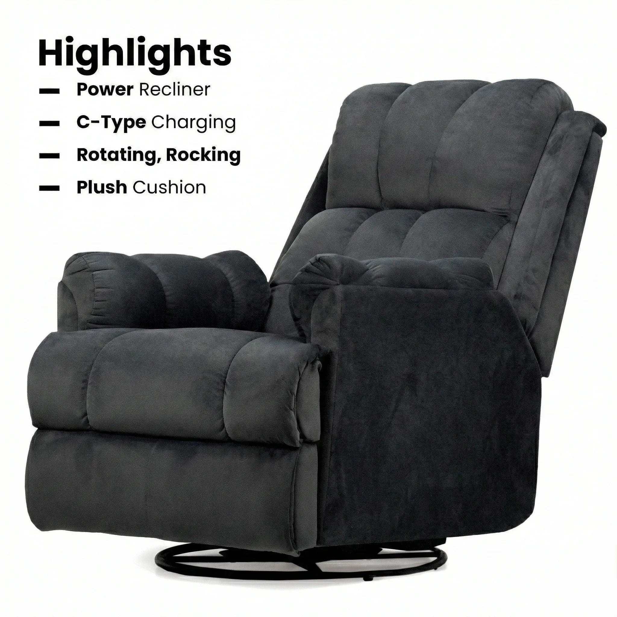 Hush Hiven Donna motorized recliner chair black smooth velvet with power recline, C-type charger and plush cushion