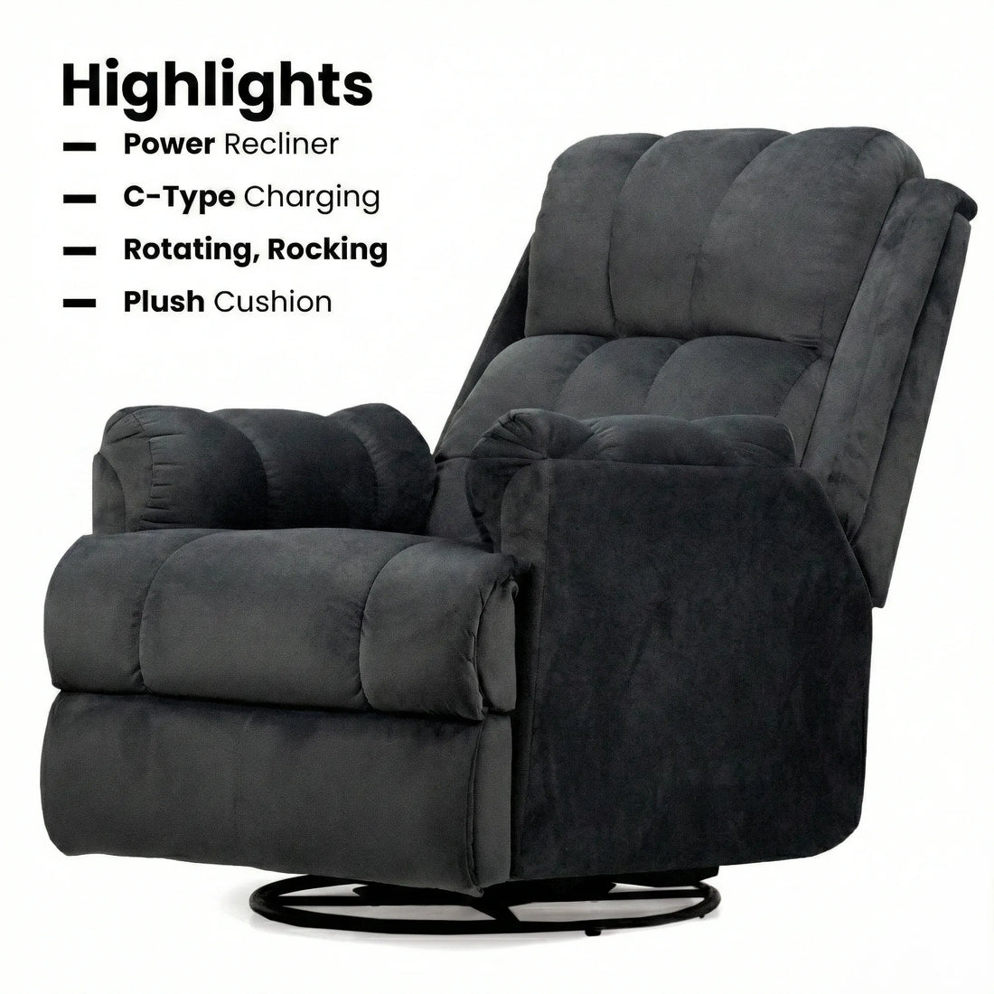Hush Hiven Donna motorized recliner chair black smooth velvet with power recline, C-type charger and plush cushion