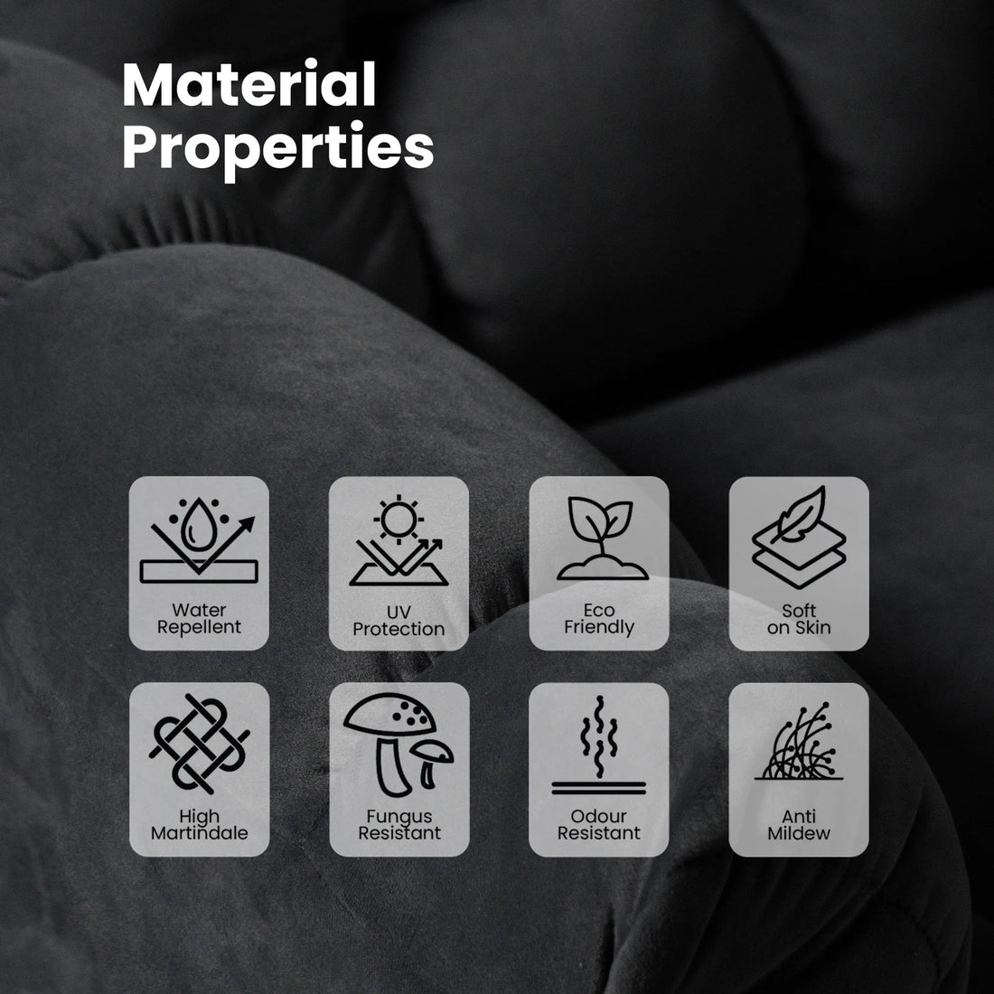 Hush Hiven Donna black smooth velvet motorized recliner chair material properties showing UV protection and eco friendly