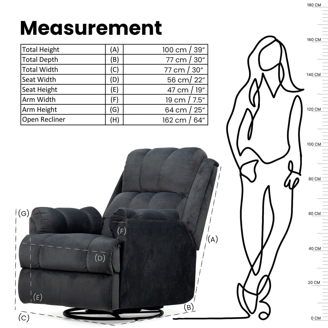 Hush Hiven Donna black smooth velvet motorized recliner chair dimensions and measurements diagram