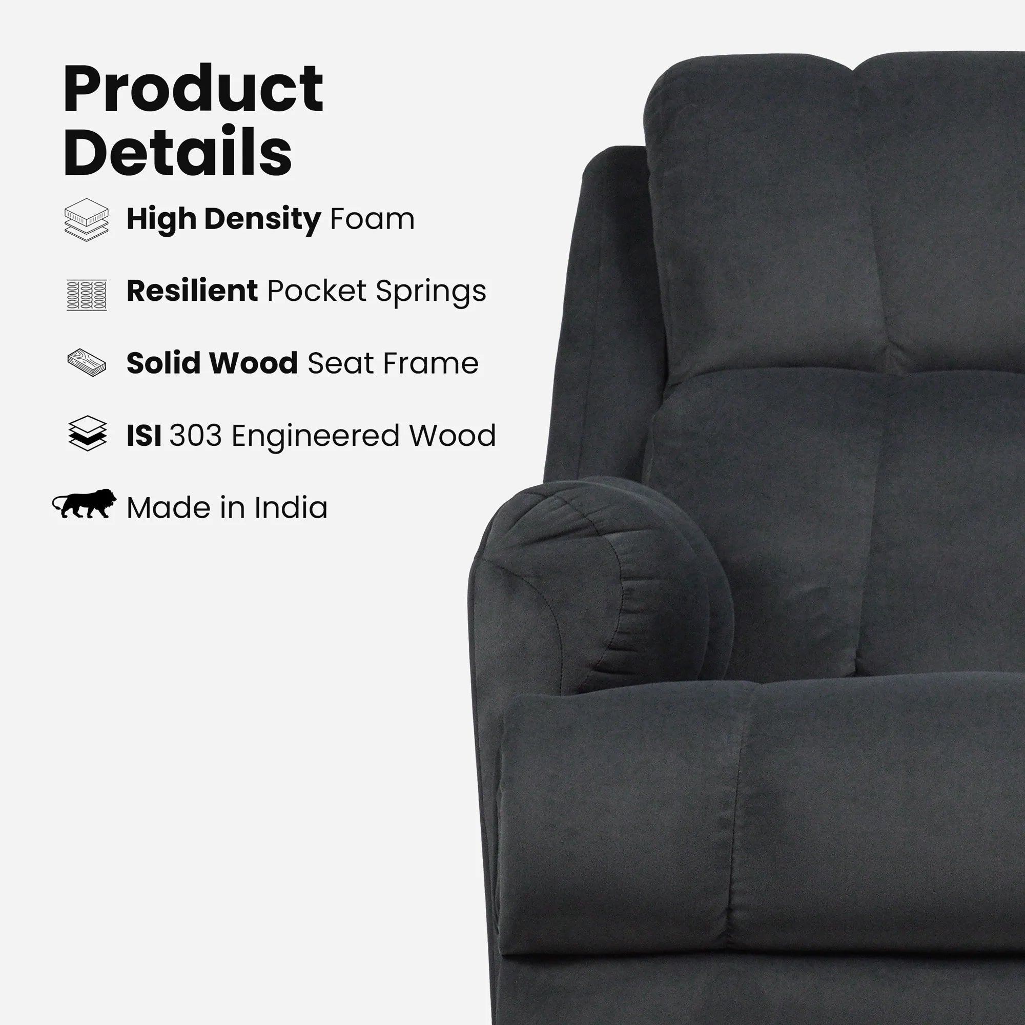 Hush Hiven Donna black smooth velvet motorized recliner chair with high density foam, pocket springs and solid wood frame