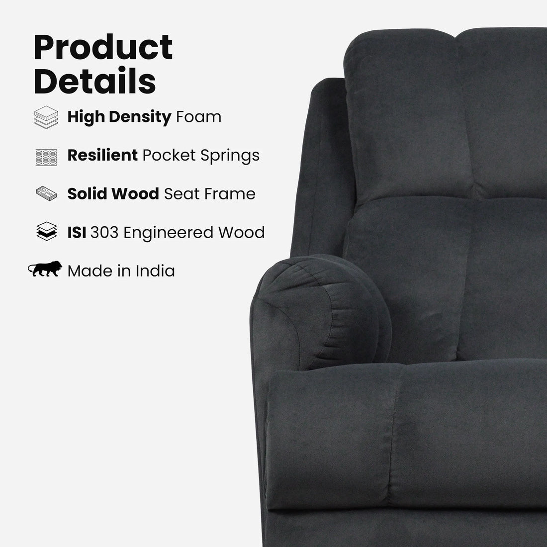 Hush Hiven Donna black smooth velvet motorized recliner chair with high density foam, pocket springs and solid wood frame