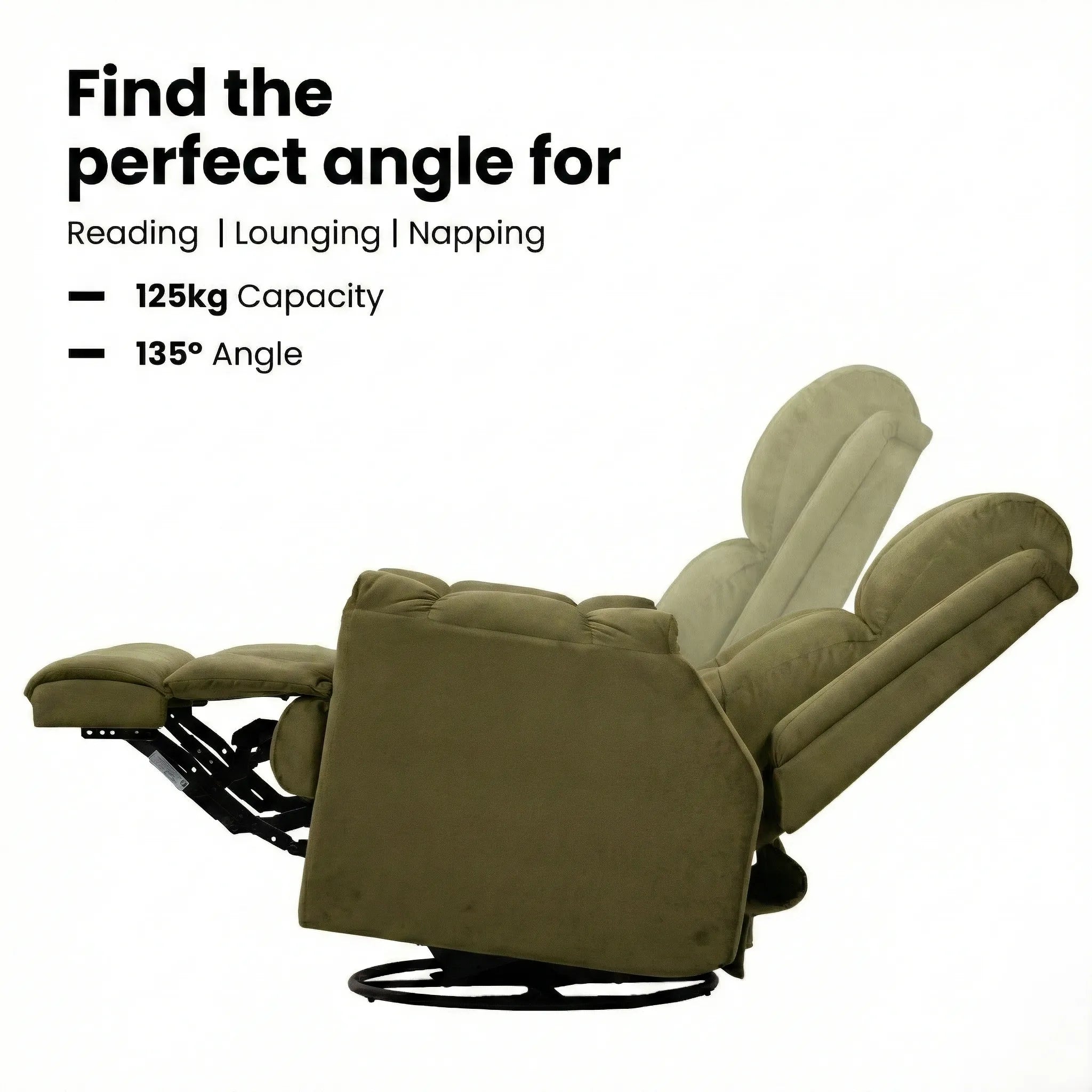 Hush Hiven Donna brown smooth velvet motorized recliner chair showing 135 degree reclining angle and 125kg weight capacity