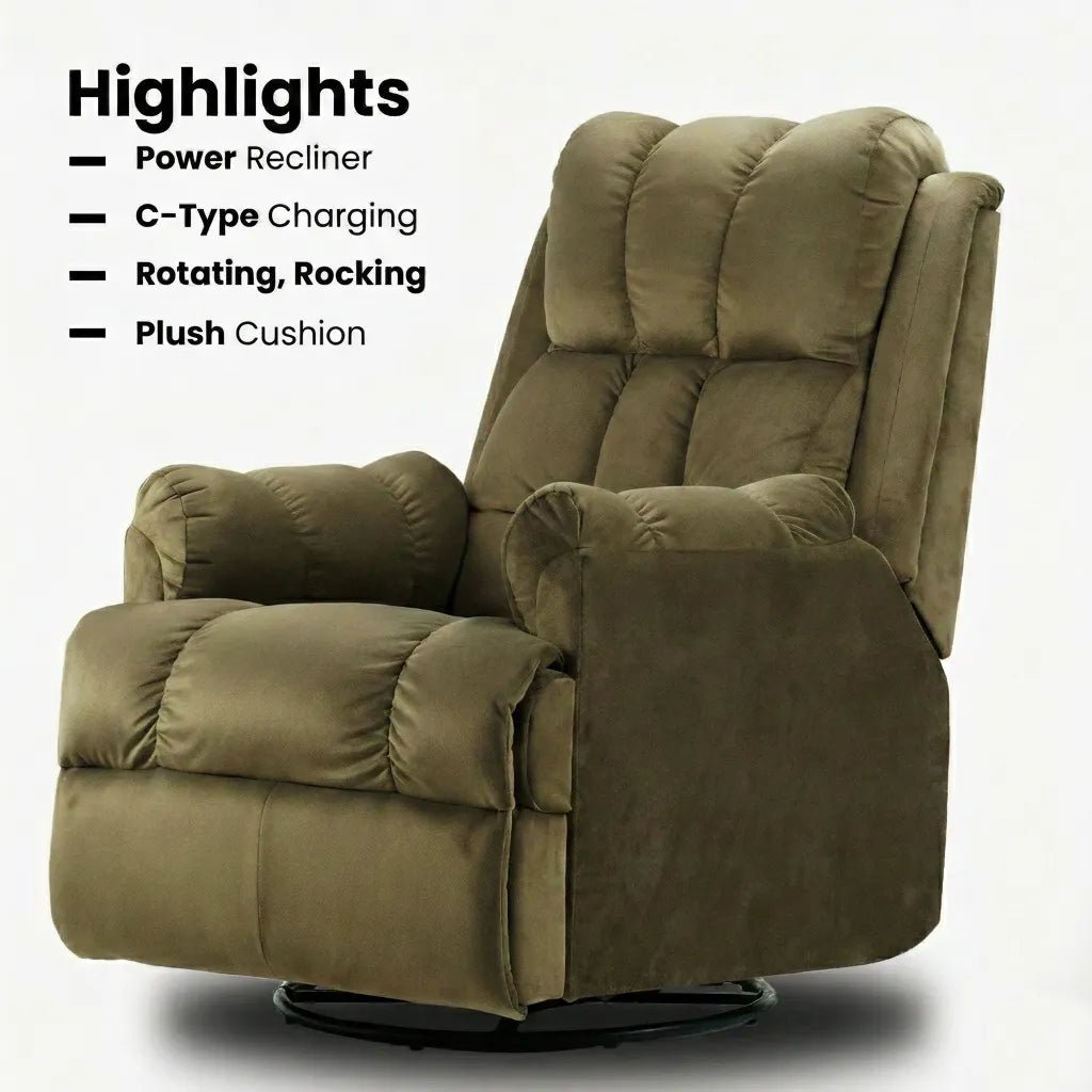 Hush Hiven Donna motorized recliner chair olive brown smooth velvet with power recline, C-type charger and plush cushion
