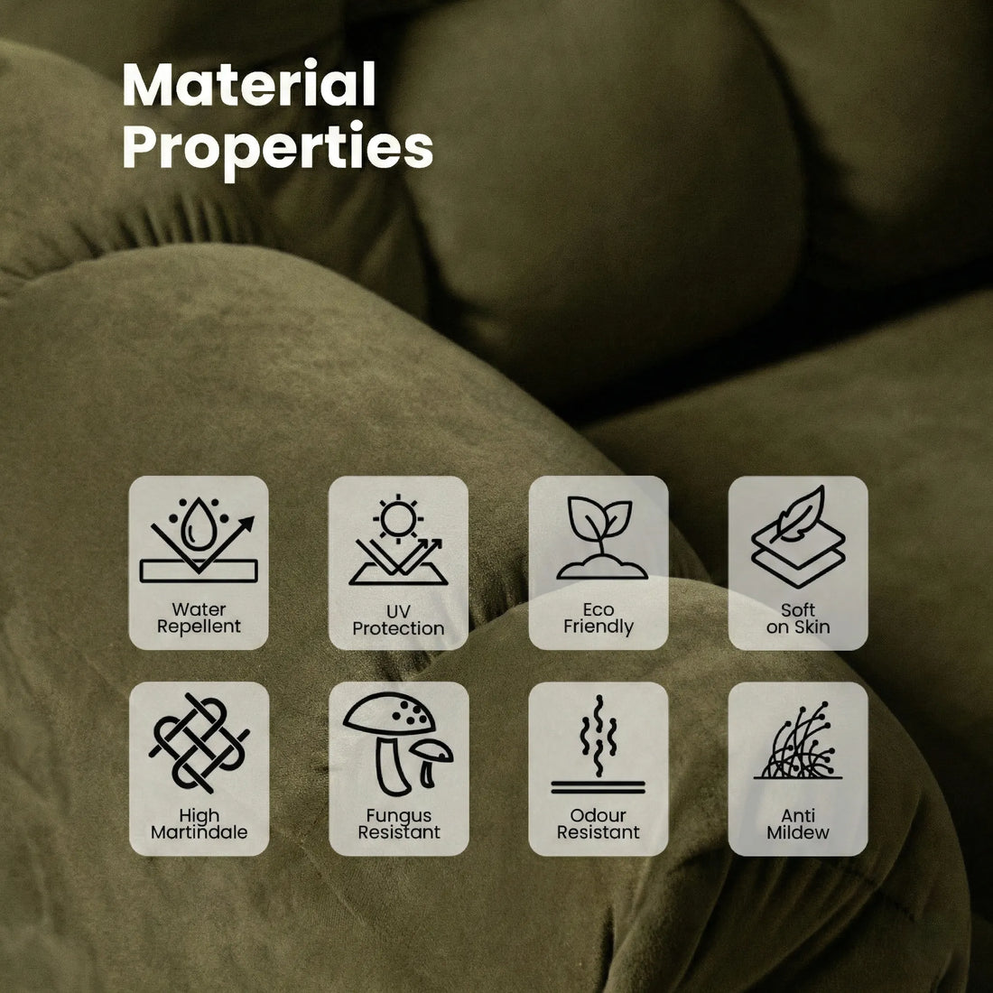 Hush Hiven Donna brown smooth velvet motorized recliner chair material properties showing UV protection and eco friendly