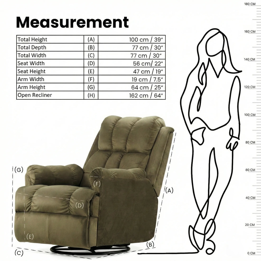Hush Hiven Donna brown smooth velvet motorized recliner chair dimensions and measurements diagram
