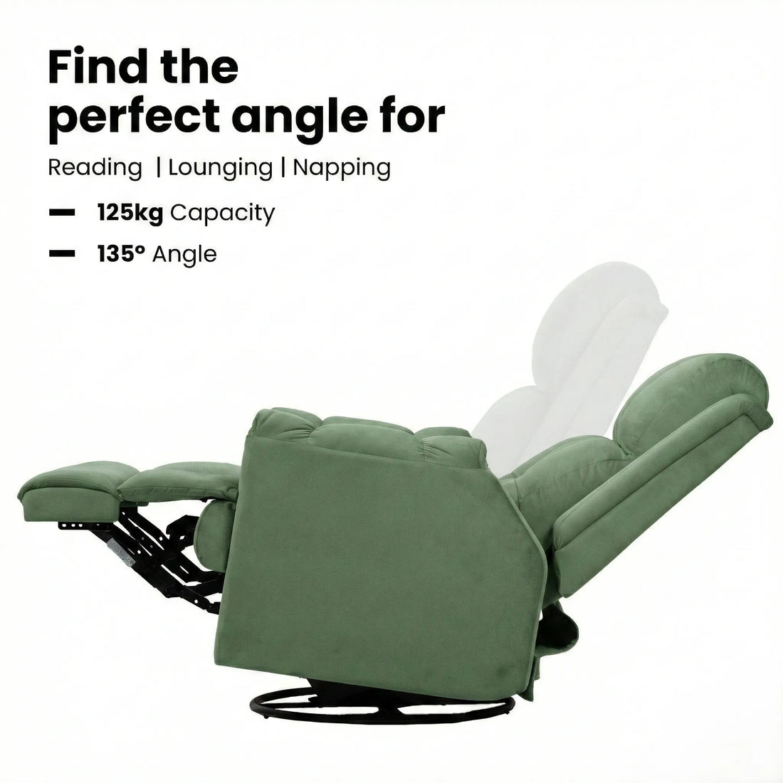 Hush Hiven Donna green smooth velvet motorized recliner chair showing 135 degree reclining angle and 125kg weight capacity