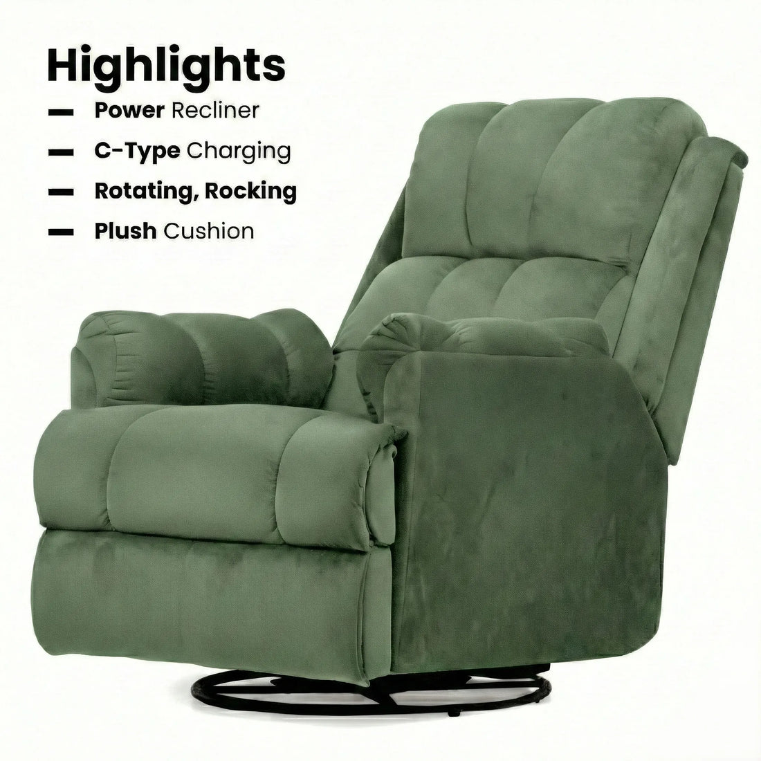 Hush Hiven Donna motorized recliner chair light green smooth velvet with power recline, C-type charger and plush cushion