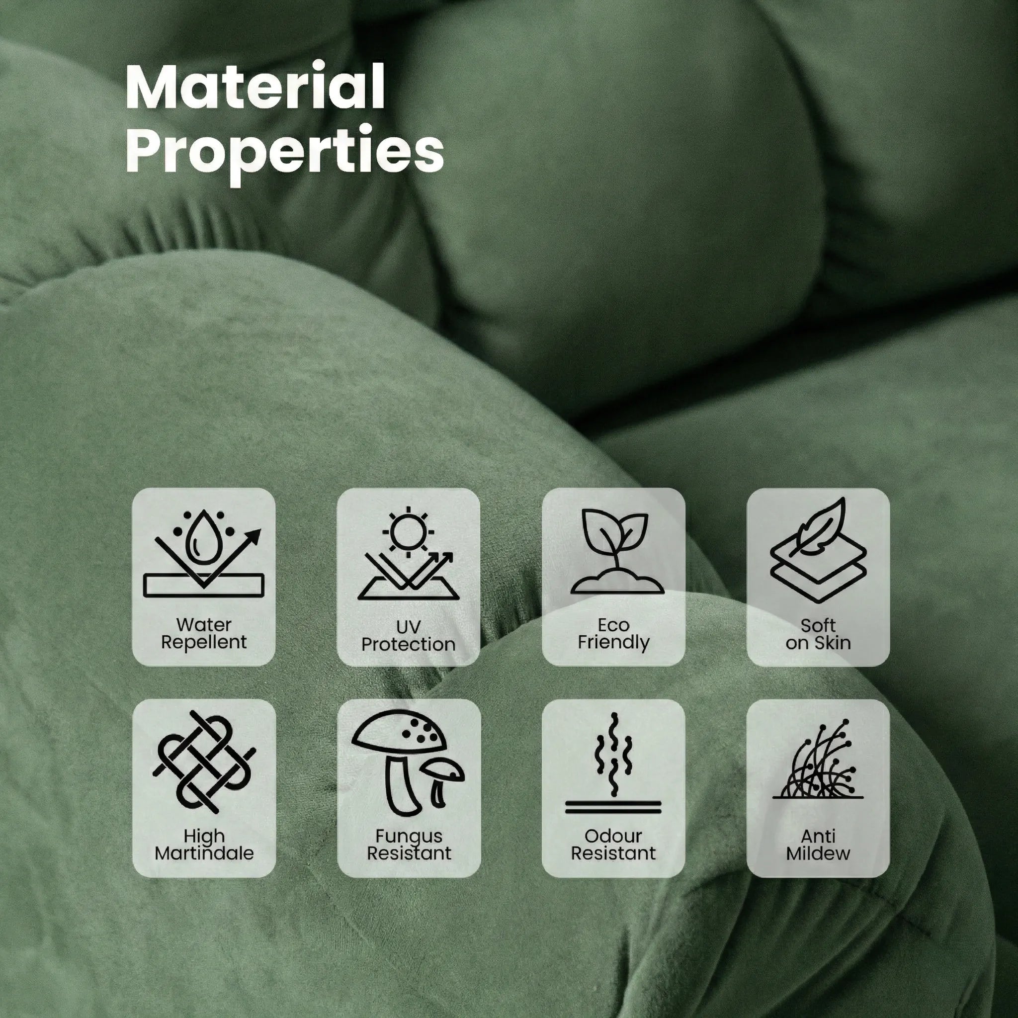 Hush Hiven Donna green smooth velvet motorized recliner chair material properties showing UV protection and eco friendly